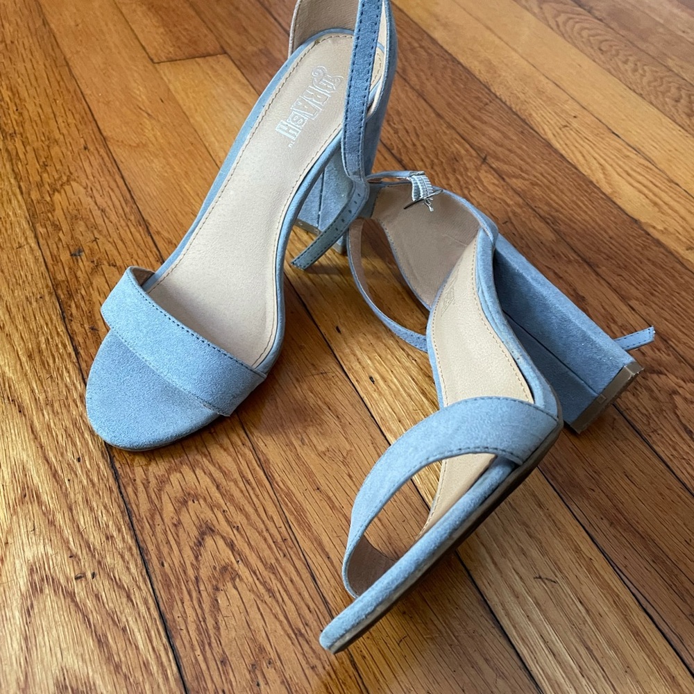 Blue Suede Ankle Strap Chunky Heels